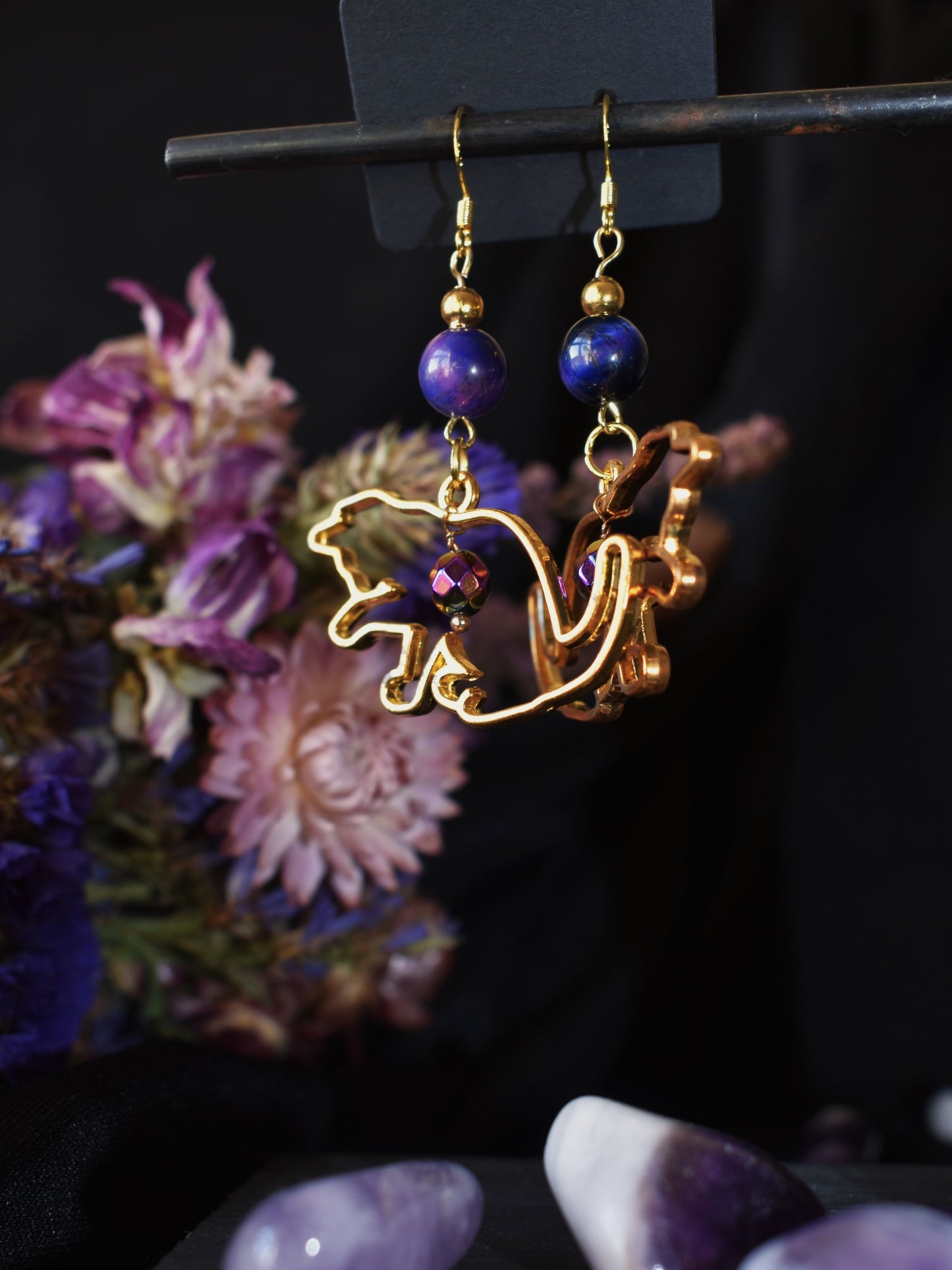 Handmade Golden Cat Earrings With Universe Tigereye