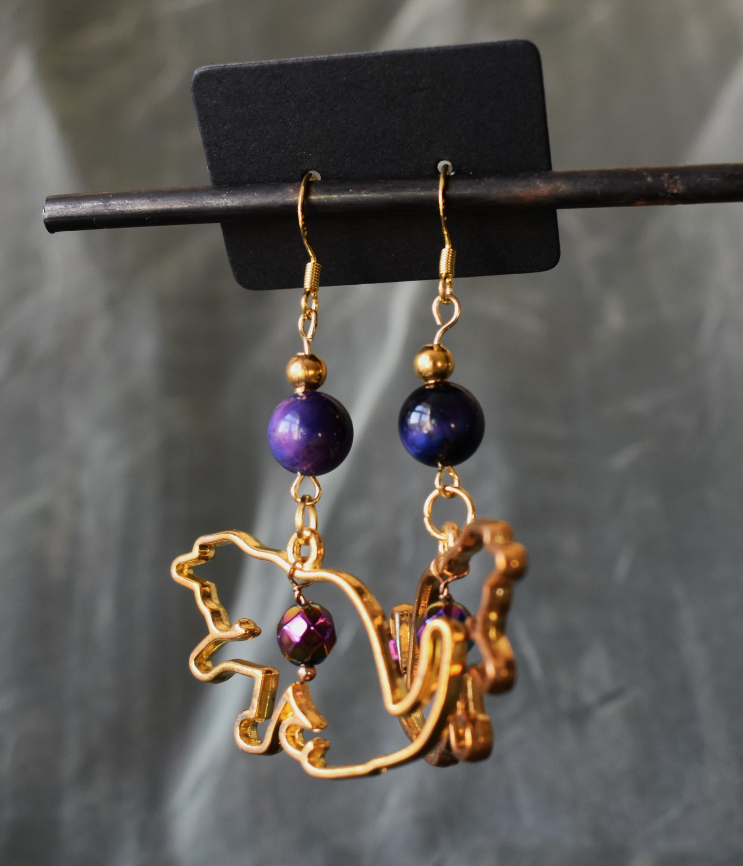 Handmade Golden Cat Earrings With Universe Tigereye