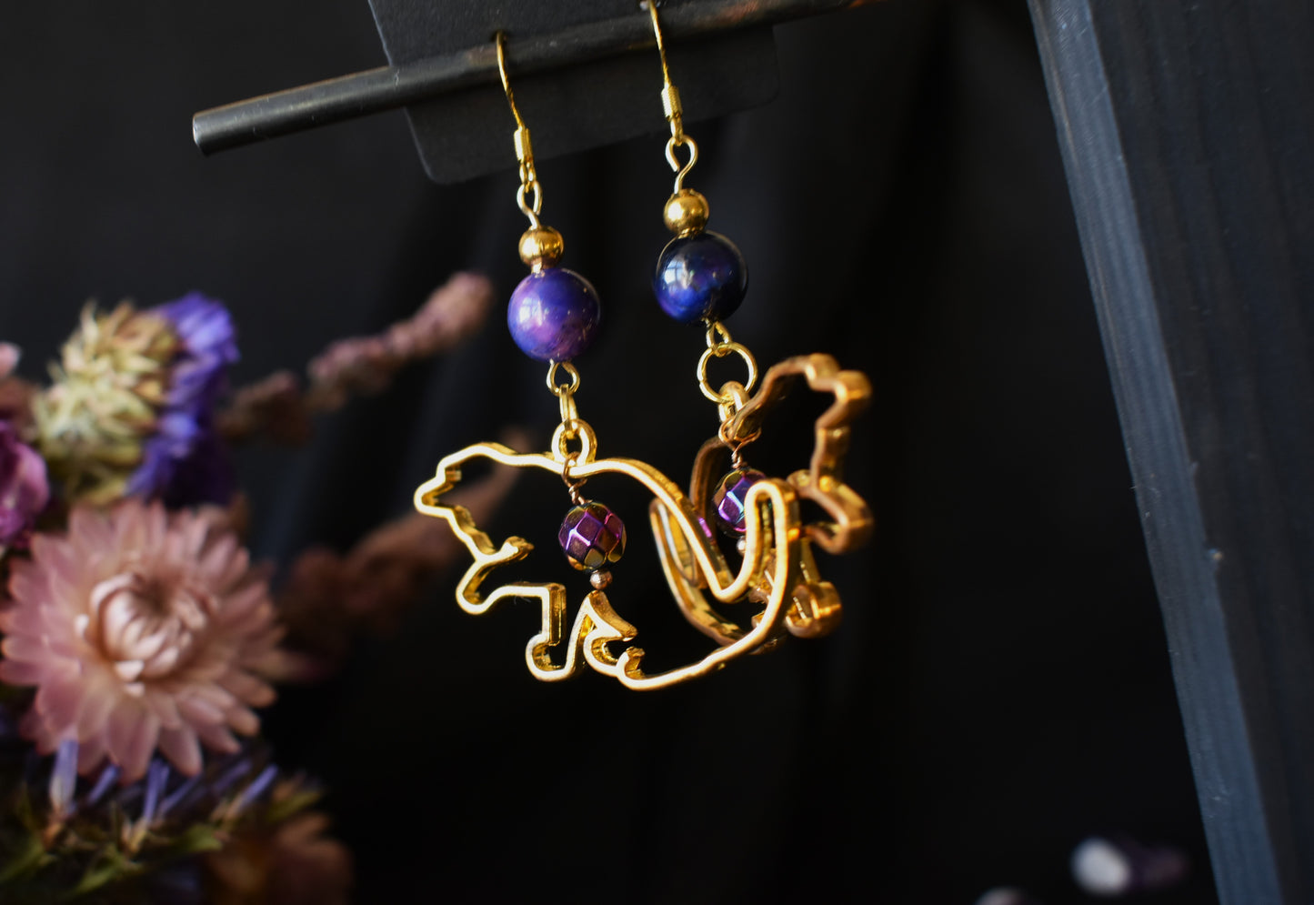 Handmade Golden Cat Earrings With Universe Tigereye