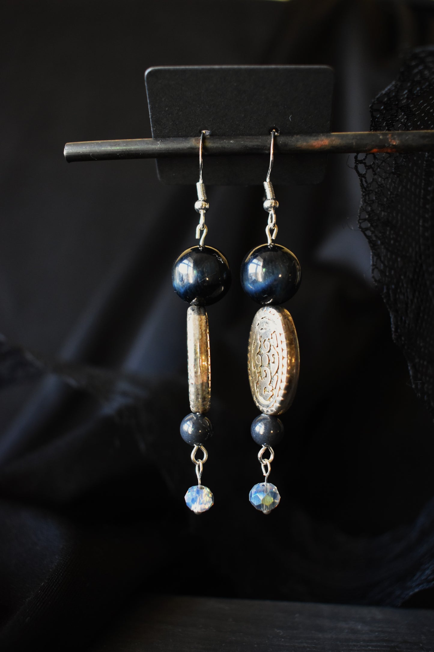 Long Silver Colored Blue Tiger Eye And Silver Onyx Earrings