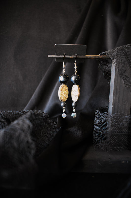 Long Silver Colored Blue Tiger Eye And Silver Onyx Earrings