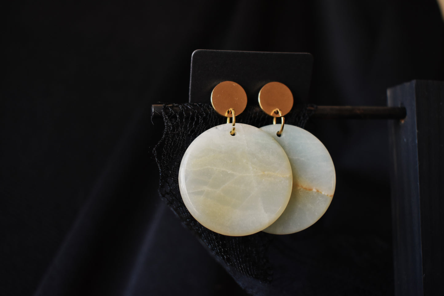 Large Circular Natural Amazonite Golden Earrings