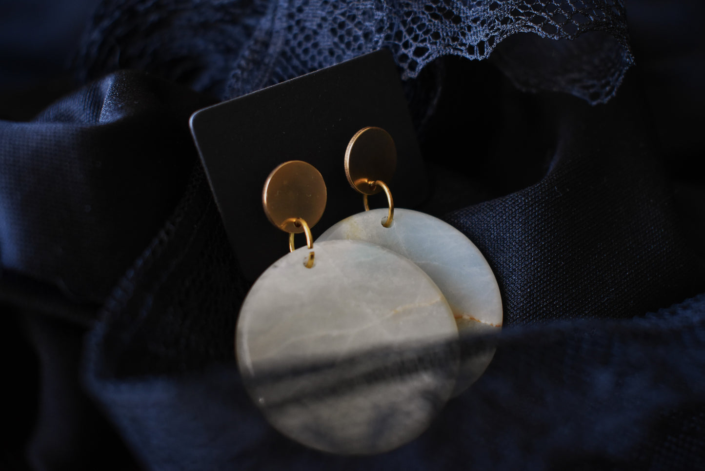 Large Circular Natural Amazonite Golden Earrings