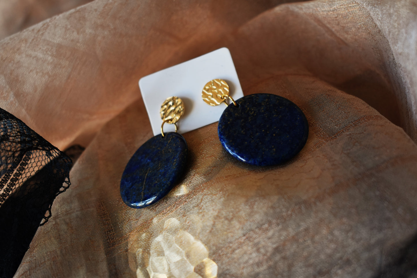 Natural Lapis Lazuli Circular Golden Earrings