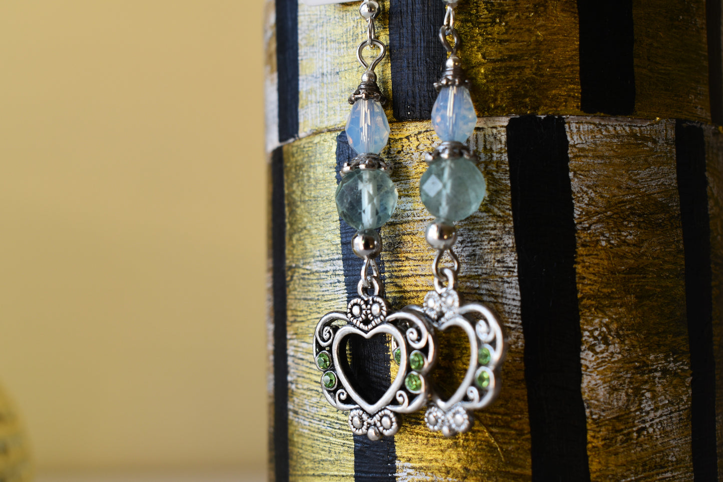 Silver color heart earrings with moonstone and fluorite
